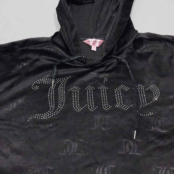 Juicy Couture Black Velour Logo Cropped Hoodie Size Medium Y2K Style - Picture 4 of 13